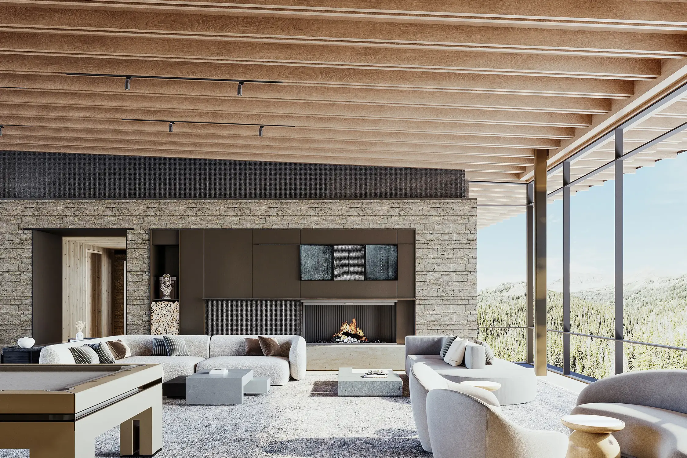 Photoreal interior architectural rendering of a mountain residence with timber beams, stone walls, and expansive views