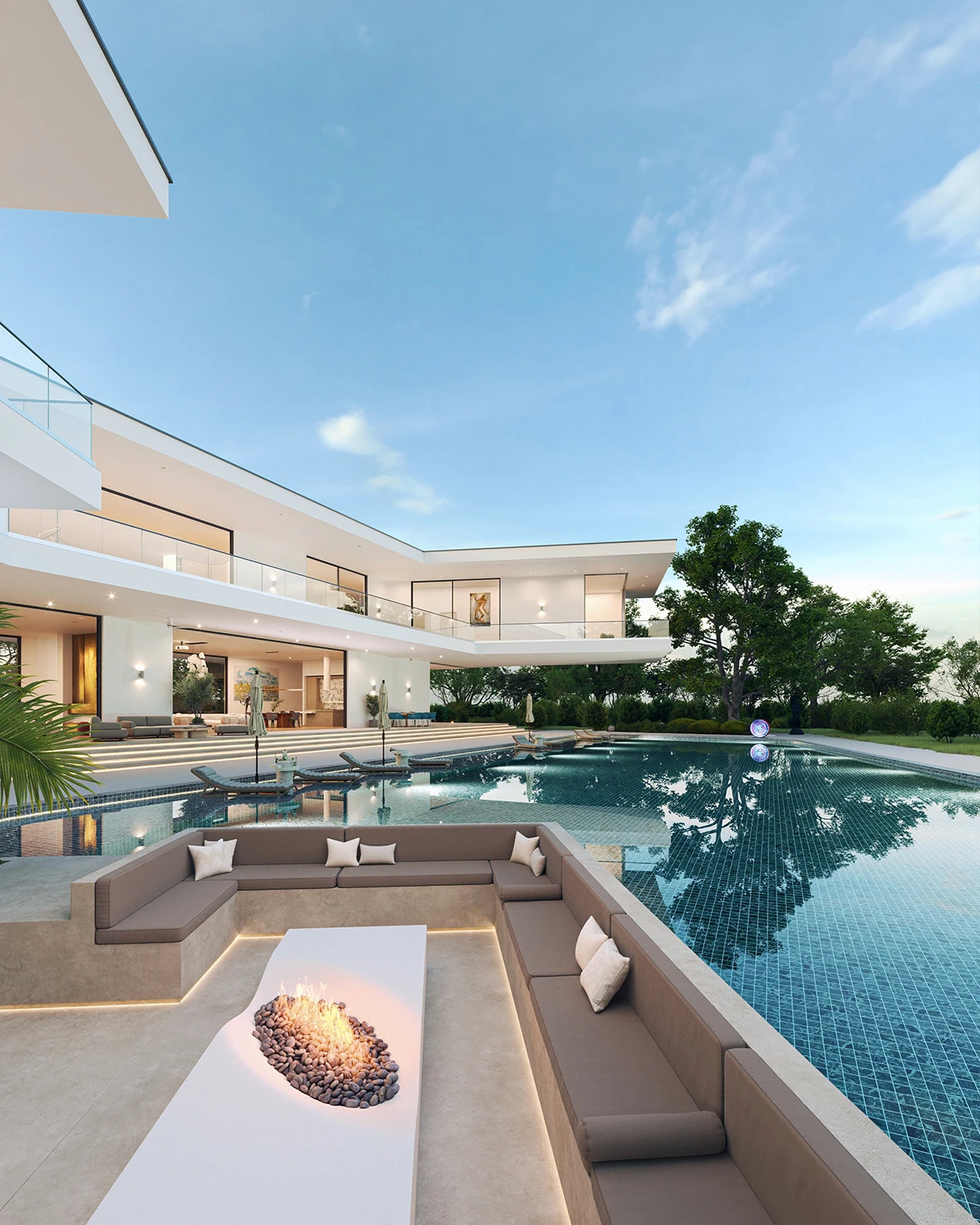Photoreal exterior rendering of a contemporary luxury villa with a pool and sunken fire-pit lounge