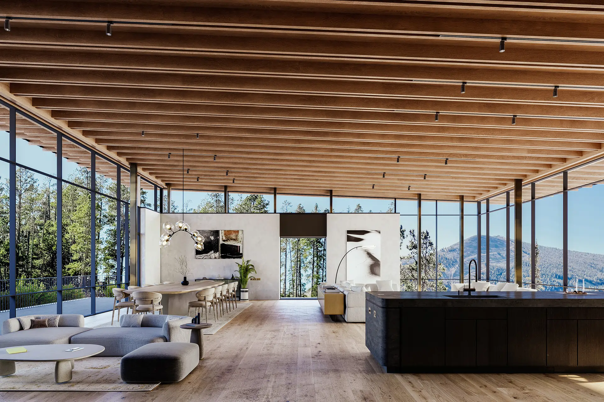 Warm open-plan interior framed by timber structure