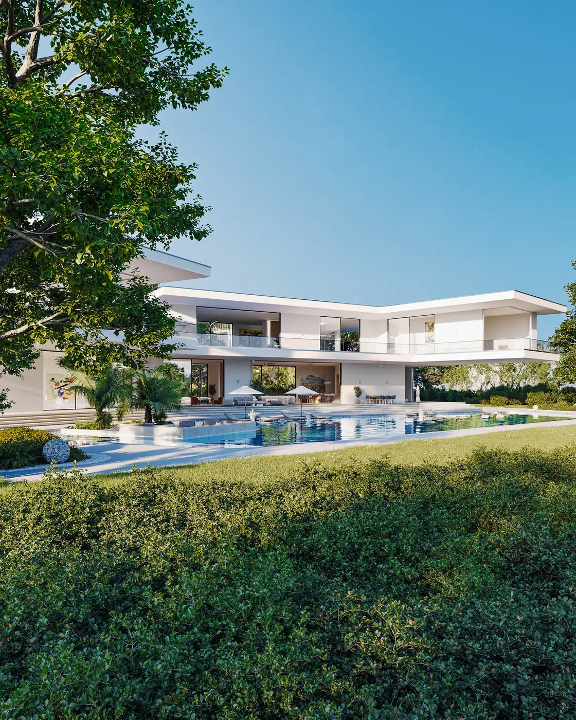 Photoreal exterior architectural visualization of a contemporary residence framed by mature landscaping