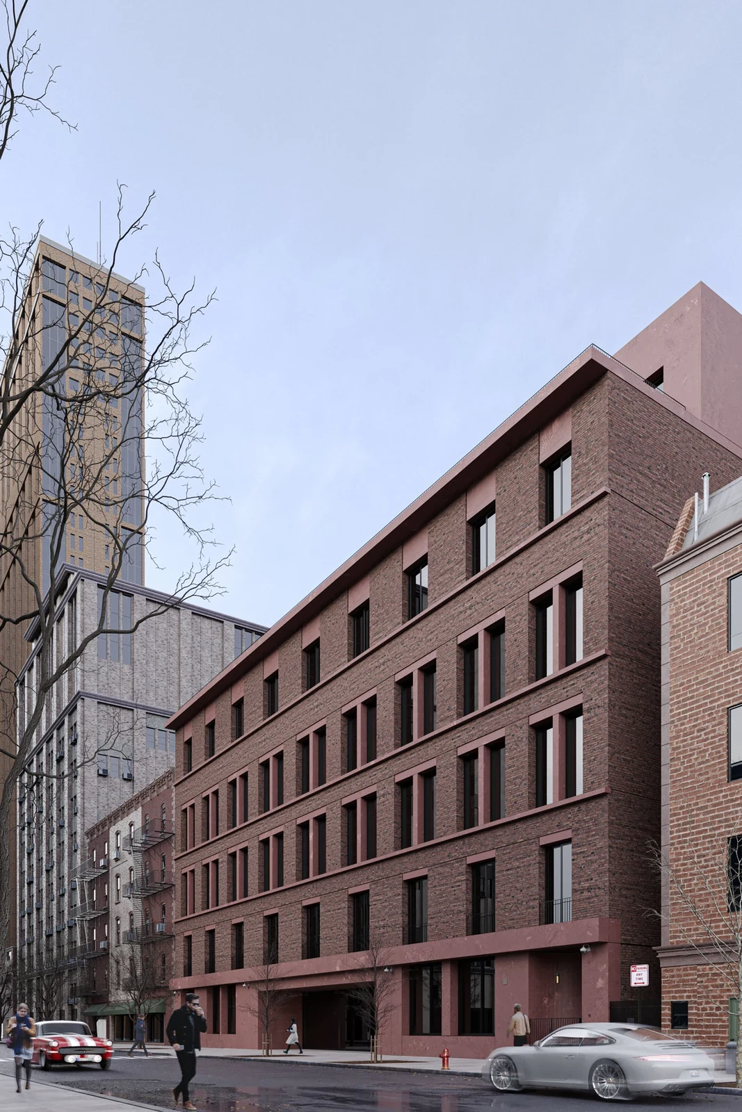 Detailed brick apartment facade integrated into an urban streetscape
