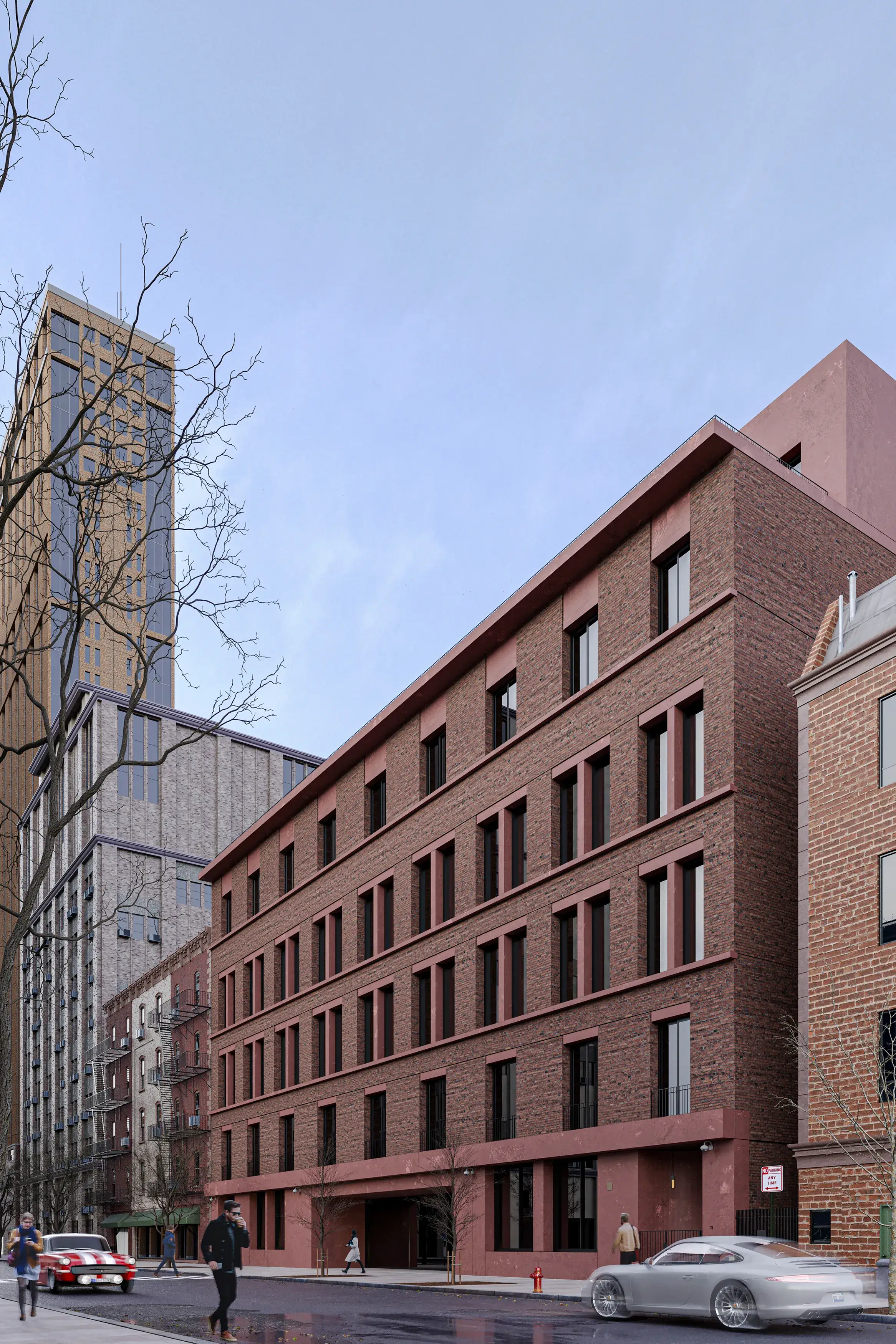 Urban brick apartment building shown in a realistic New York streetscape