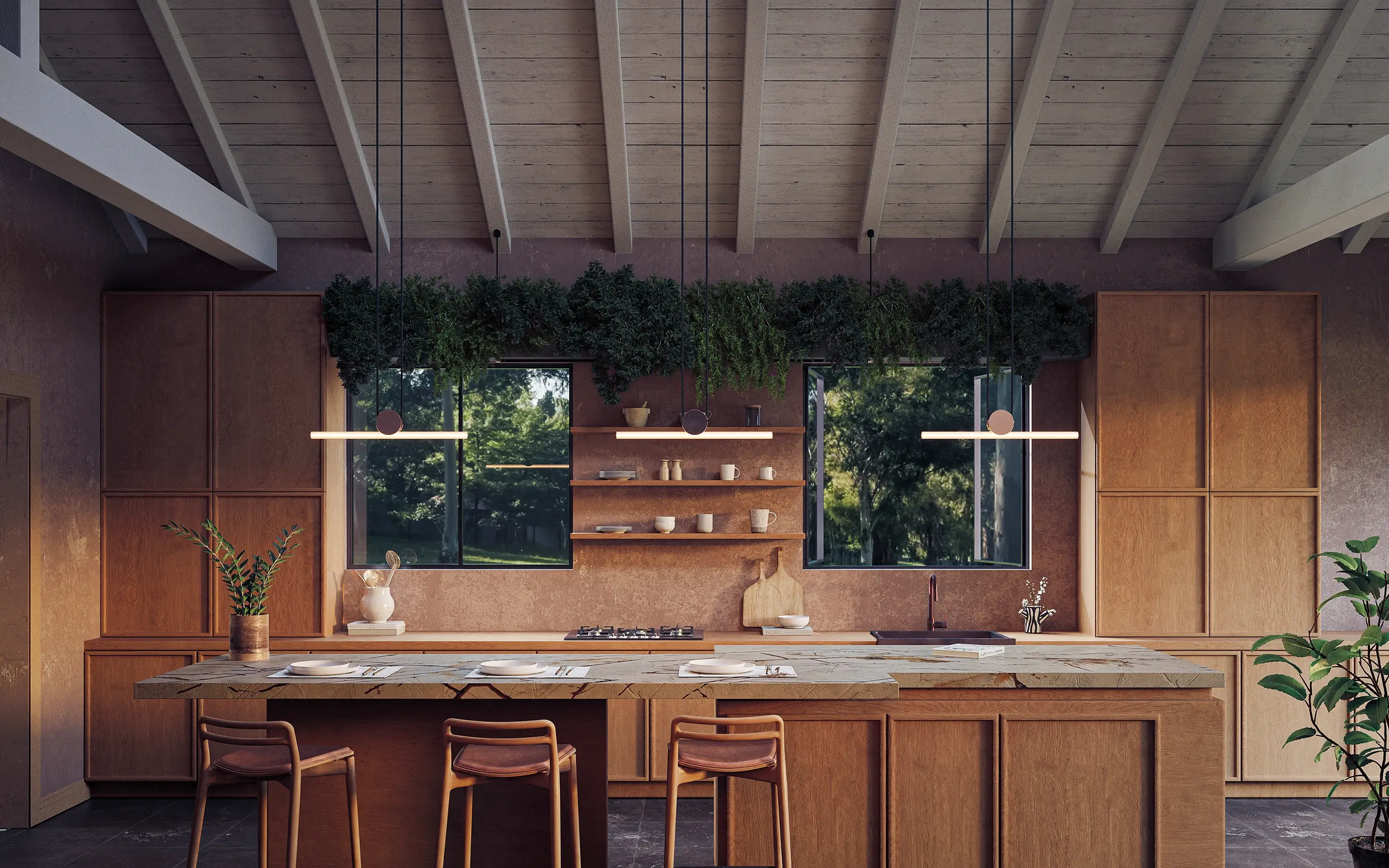 Warm timber kitchen and dining interior with a vaulted ceiling