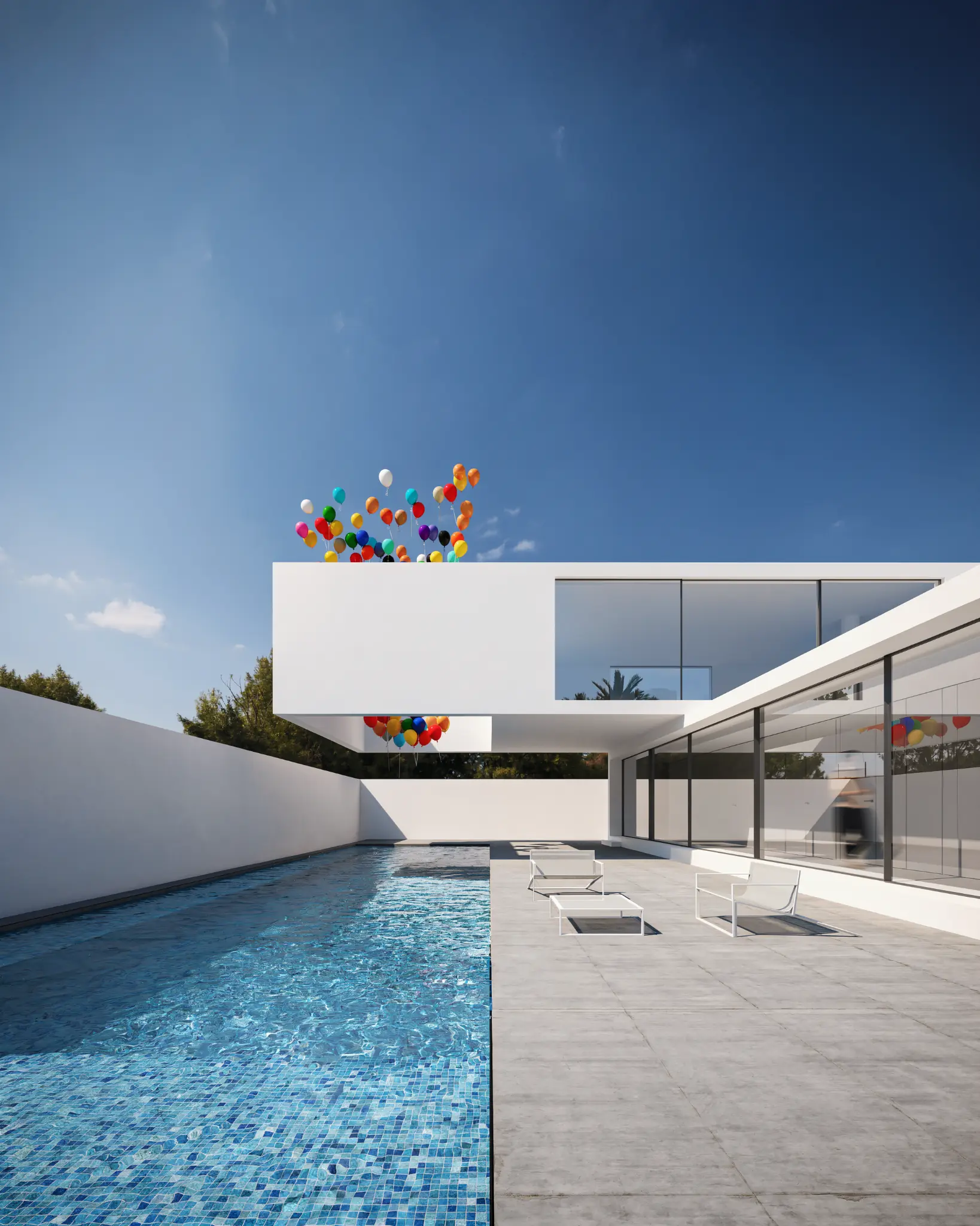 Minimal white pool courtyard animated by colorful balloons