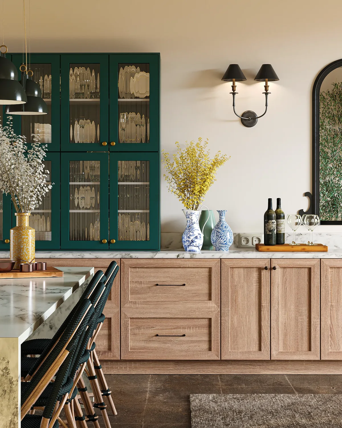 Detailed residential kitchen rendering with timber cabinetry and stone worktops
