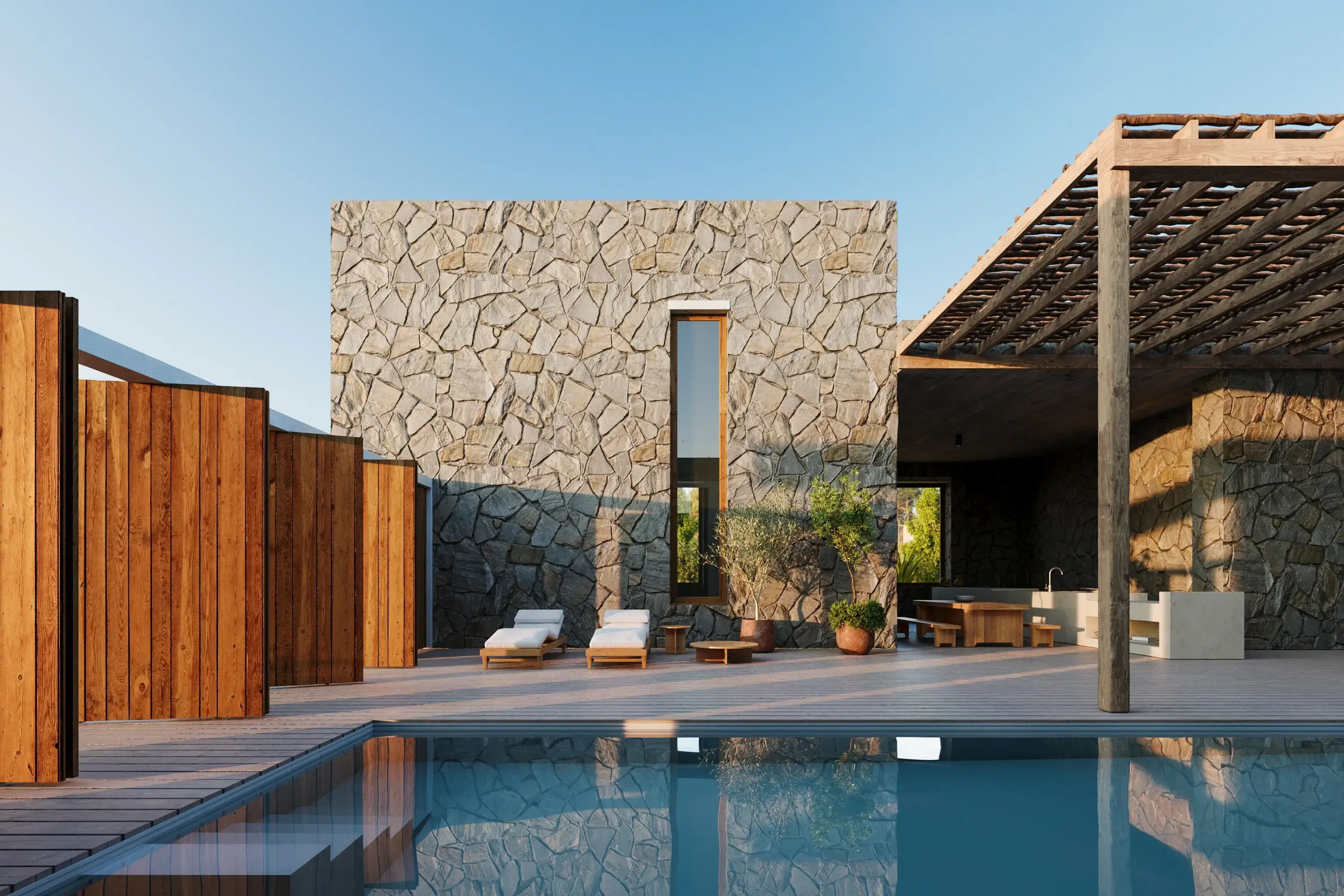 Stone and timber spa courtyard with a swimming pool in bright daylight