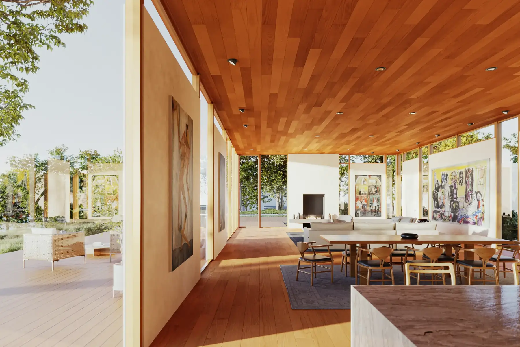 Warm interior with natural timber finishes opening to a desert landscape