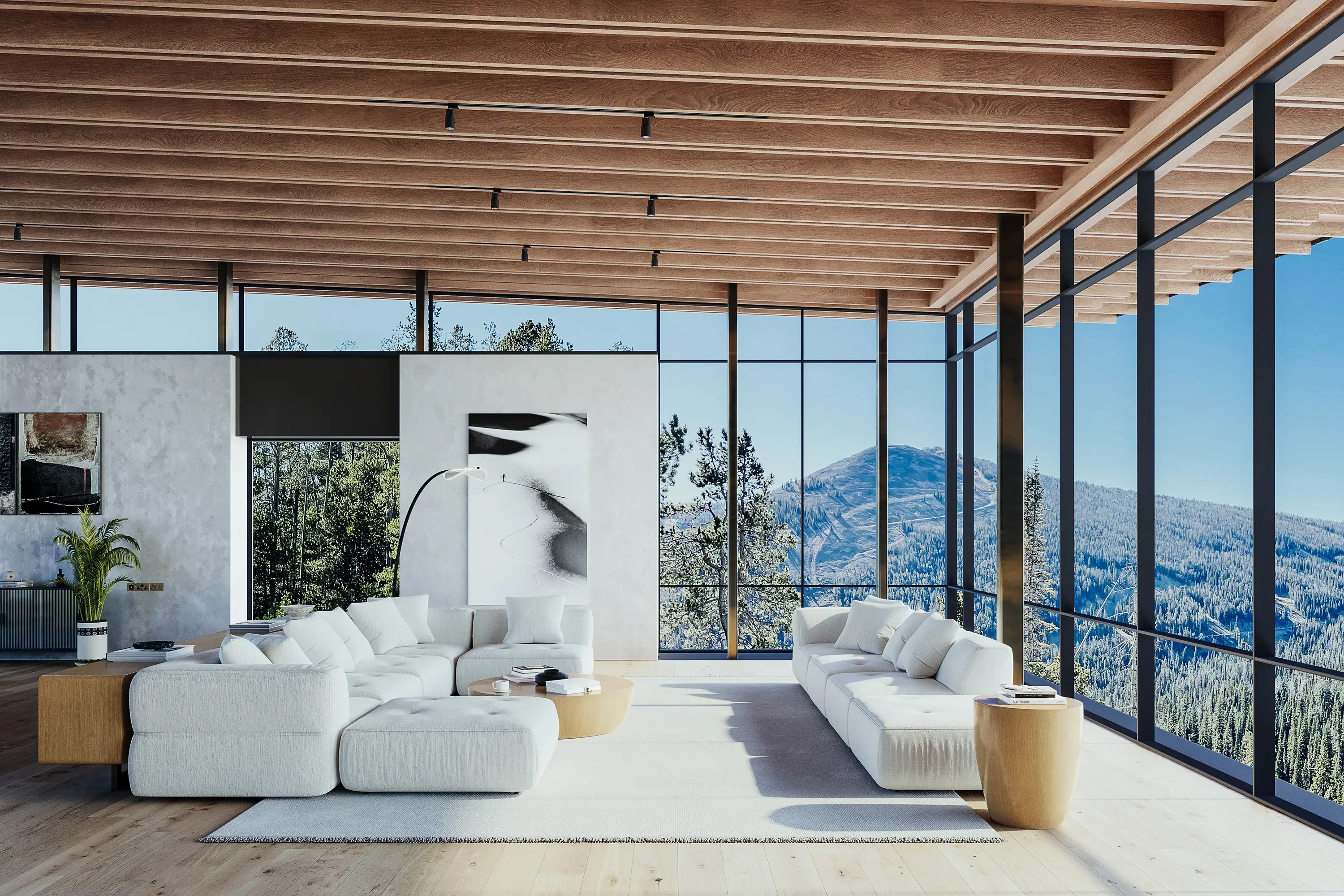 Timber living room overlooking a mountain landscape